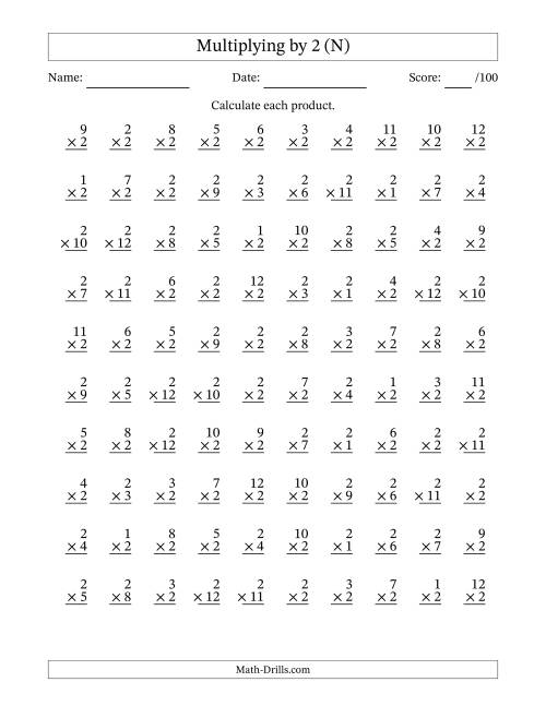 The Multiplying (1 to 12) by 2 (100 Questions) (N) Math Worksheet