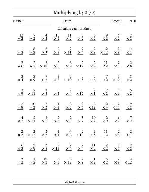 The Multiplying (1 to 12) by 2 (100 Questions) (O) Math Worksheet