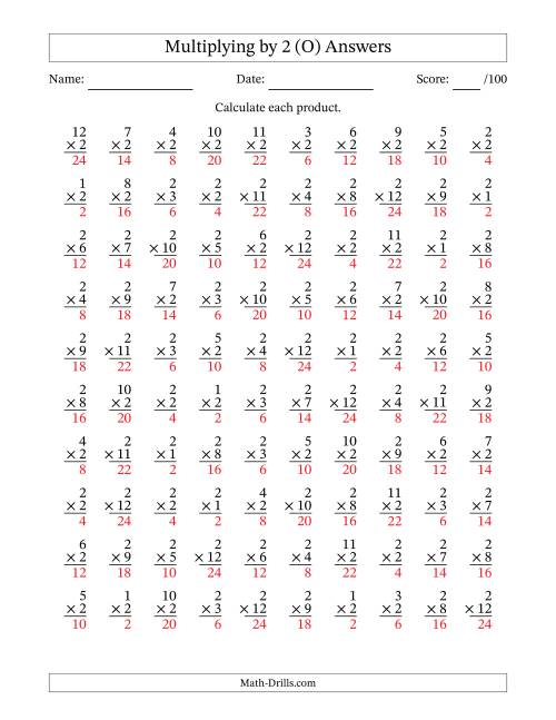 The Multiplying (1 to 12) by 2 (100 Questions) (O) Math Worksheet Page 2