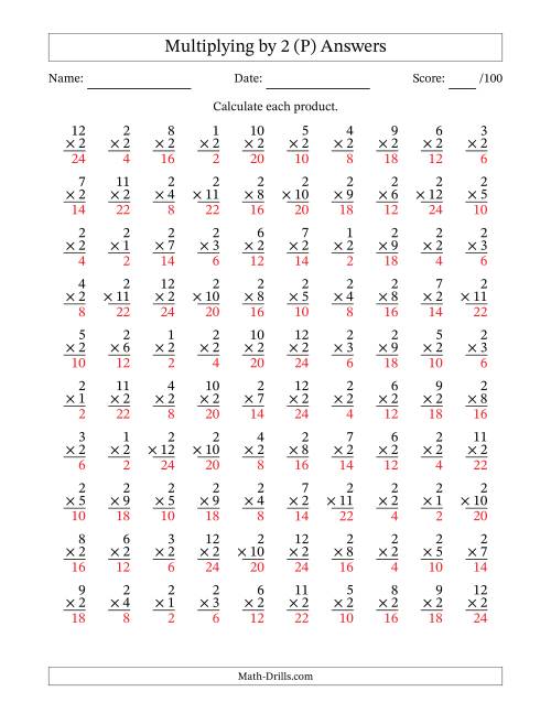 The Multiplying (1 to 12) by 2 (100 Questions) (P) Math Worksheet Page 2