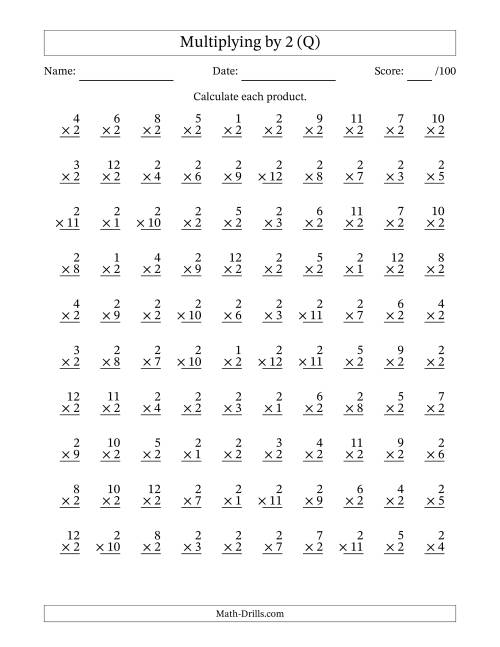 The Multiplying (1 to 12) by 2 (100 Questions) (Q) Math Worksheet