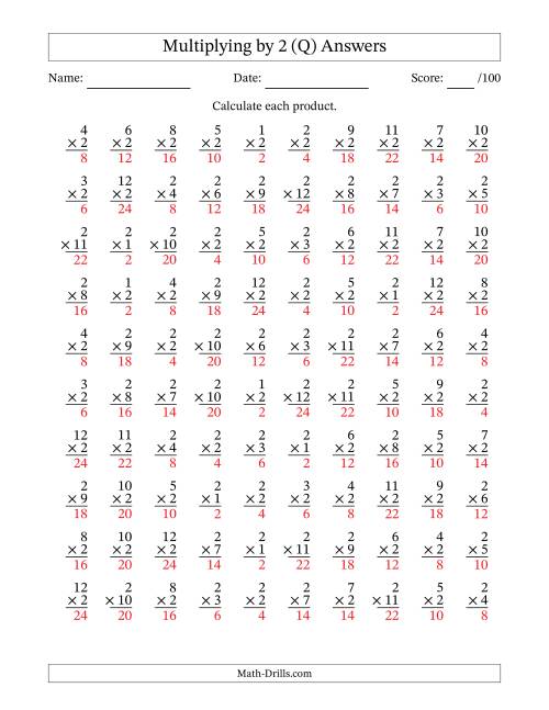 The Multiplying (1 to 12) by 2 (100 Questions) (Q) Math Worksheet Page 2