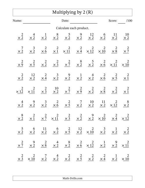 The Multiplying (1 to 12) by 2 (100 Questions) (R) Math Worksheet