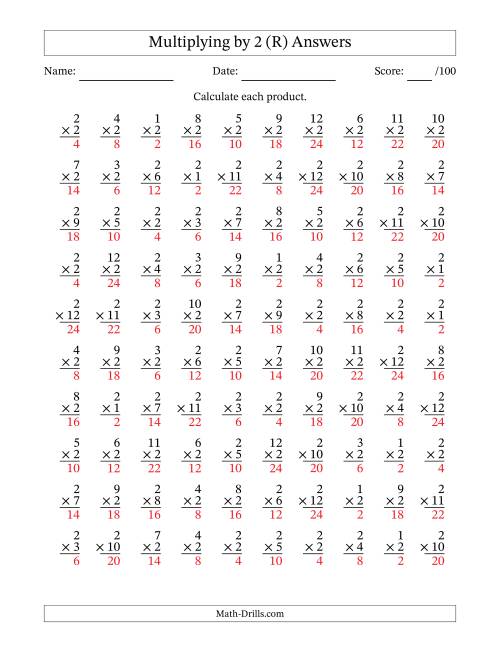 The Multiplying (1 to 12) by 2 (100 Questions) (R) Math Worksheet Page 2