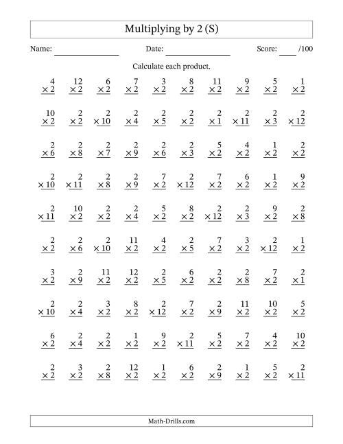 The Multiplying (1 to 12) by 2 (100 Questions) (S) Math Worksheet