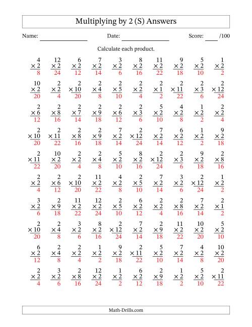 The Multiplying (1 to 12) by 2 (100 Questions) (S) Math Worksheet Page 2