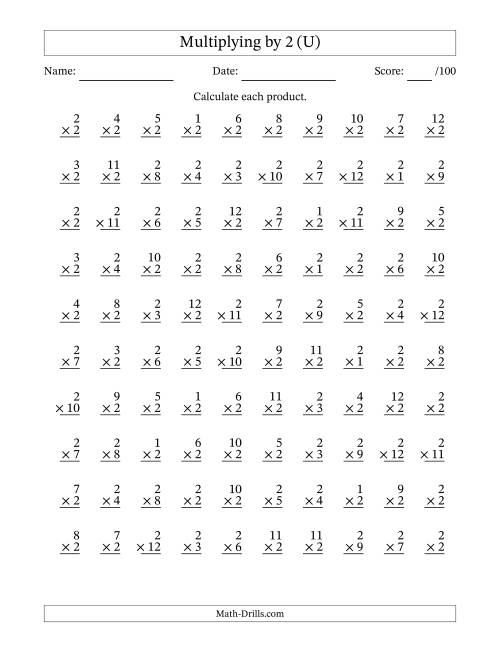 The Multiplying (1 to 12) by 2 (100 Questions) (U) Math Worksheet