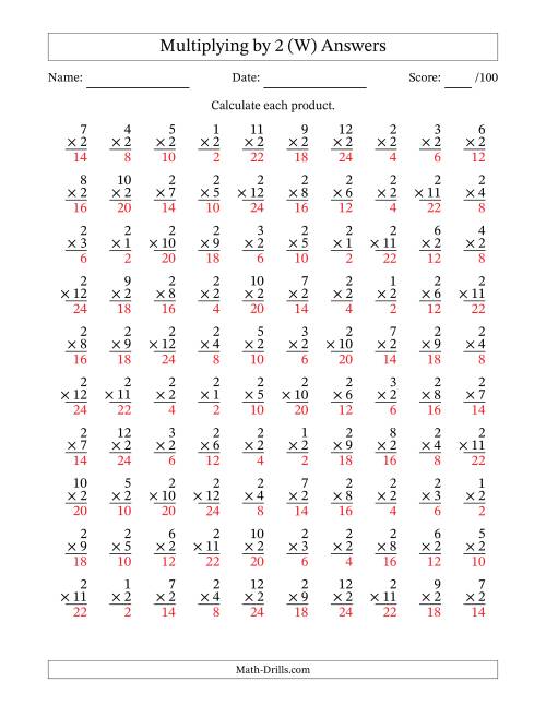 The Multiplying (1 to 12) by 2 (100 Questions) (W) Math Worksheet Page 2
