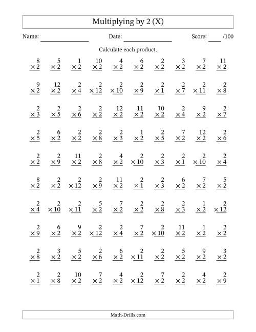 The Multiplying (1 to 12) by 2 (100 Questions) (X) Math Worksheet