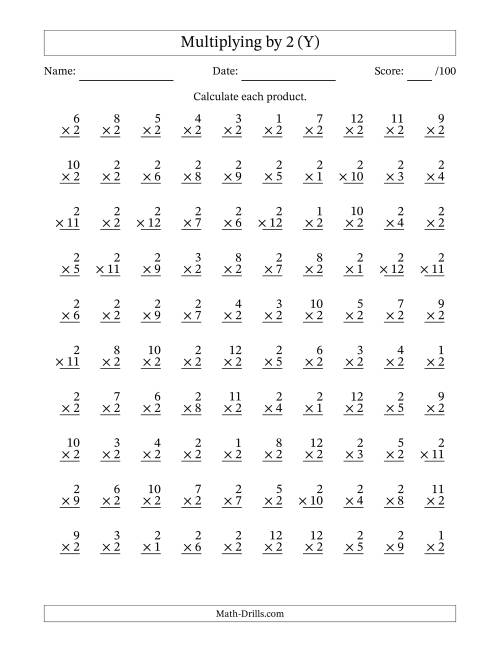 The Multiplying (1 to 12) by 2 (100 Questions) (Y) Math Worksheet