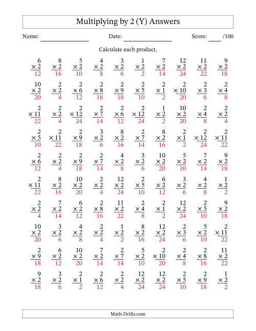 The Multiplying (1 to 12) by 2 (100 Questions) (Y) Math Worksheet Page 2