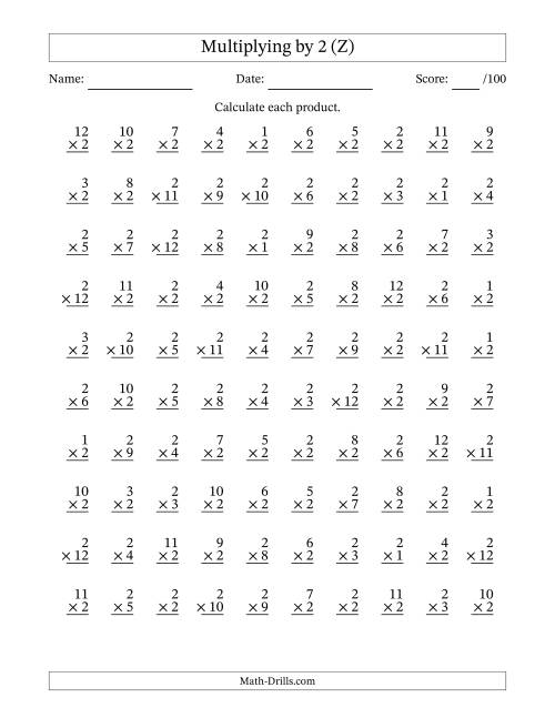 The Multiplying (1 to 12) by 2 (100 Questions) (Z) Math Worksheet