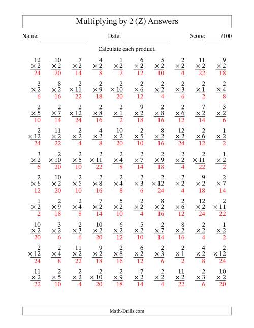 The Multiplying (1 to 12) by 2 (100 Questions) (Z) Math Worksheet Page 2