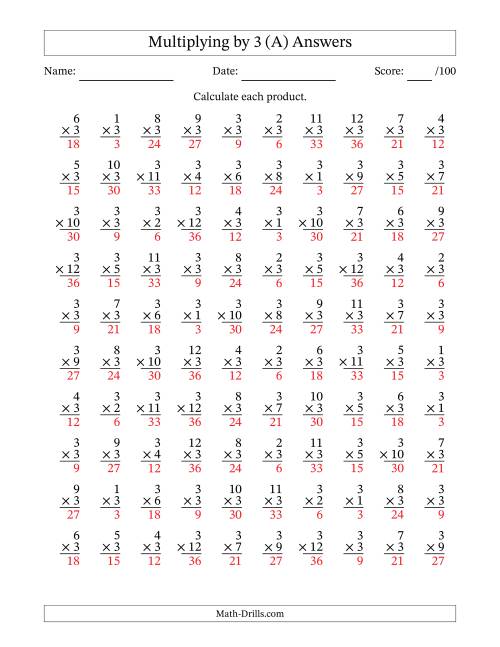 The Multiplying (1 to 12) by 3 (100 Questions) (A) Math Worksheet Page 2