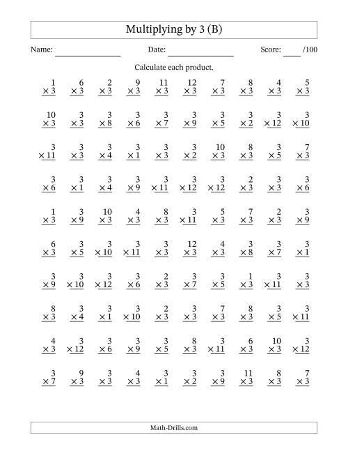 The Multiplying (1 to 12) by 3 (100 Questions) (B) Math Worksheet