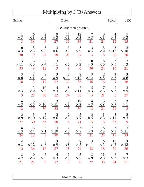 The Multiplying (1 to 12) by 3 (100 Questions) (B) Math Worksheet Page 2