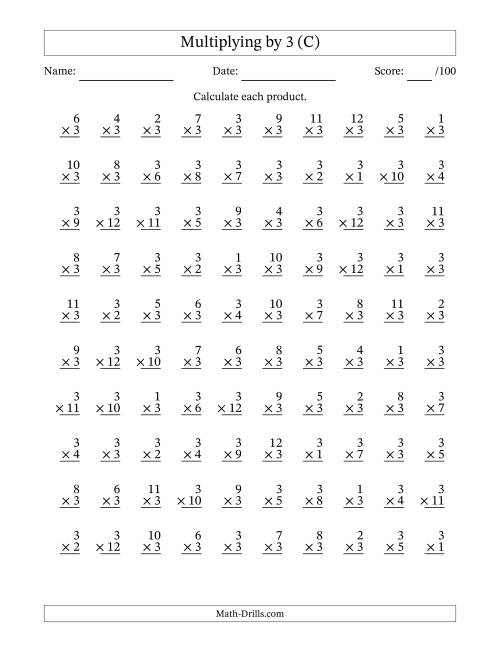 The Multiplying (1 to 12) by 3 (100 Questions) (C) Math Worksheet