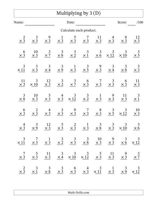 The Multiplying (1 to 12) by 3 (100 Questions) (D) Math Worksheet