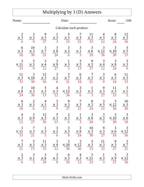 The Multiplying (1 to 12) by 3 (100 Questions) (D) Math Worksheet Page 2