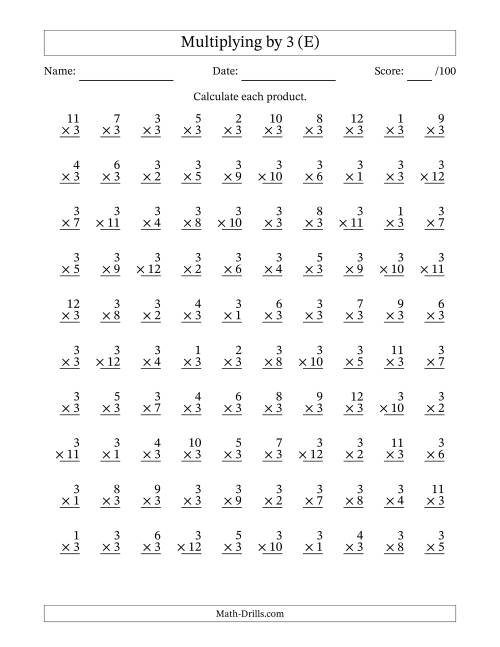 The Multiplying (1 to 12) by 3 (100 Questions) (E) Math Worksheet