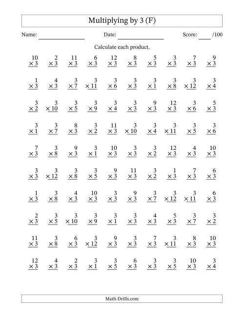 The Multiplying (1 to 12) by 3 (100 Questions) (F) Math Worksheet