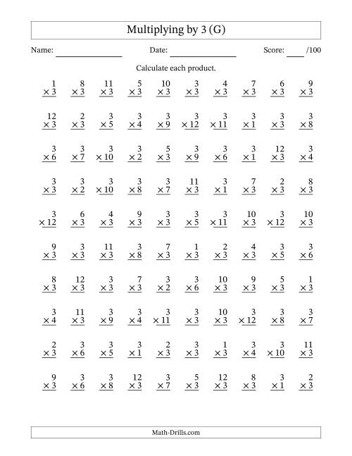 The Multiplying (1 to 12) by 3 (100 Questions) (G) Math Worksheet