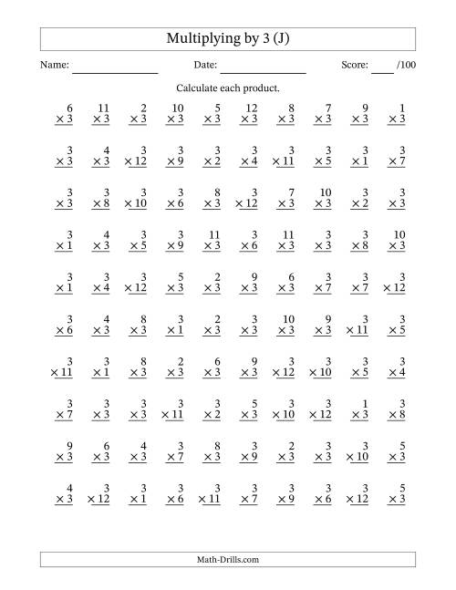 The Multiplying (1 to 12) by 3 (100 Questions) (J) Math Worksheet
