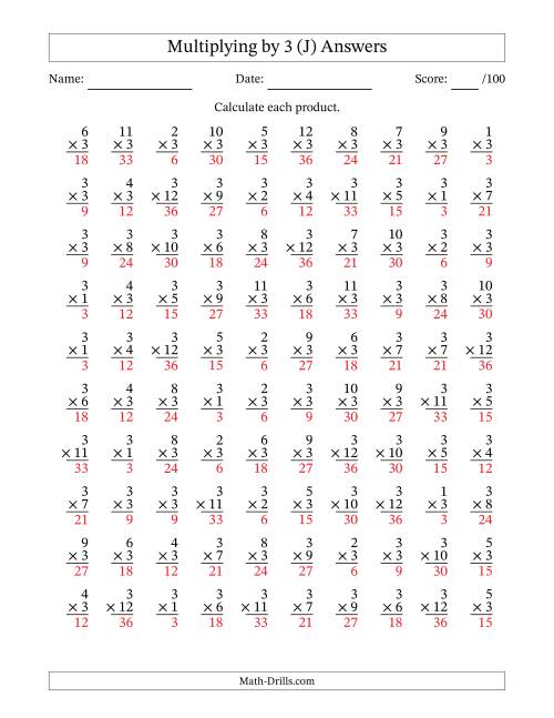 The Multiplying (1 to 12) by 3 (100 Questions) (J) Math Worksheet Page 2