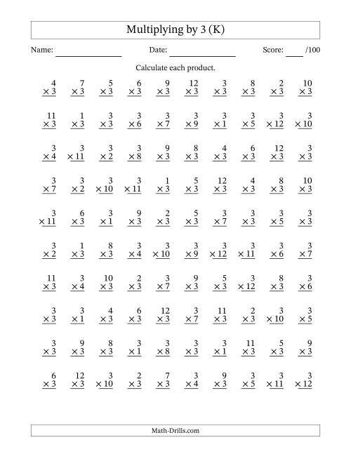 The Multiplying (1 to 12) by 3 (100 Questions) (K) Math Worksheet