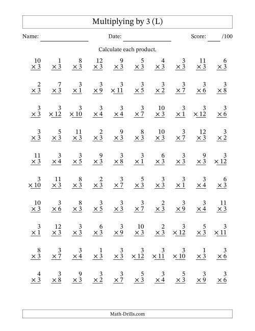 The Multiplying (1 to 12) by 3 (100 Questions) (L) Math Worksheet