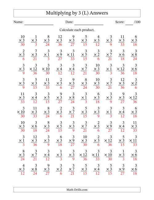 The Multiplying (1 to 12) by 3 (100 Questions) (L) Math Worksheet Page 2