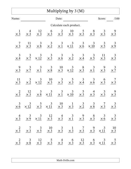 The Multiplying (1 to 12) by 3 (100 Questions) (M) Math Worksheet