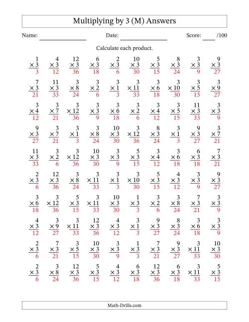 The Multiplying (1 to 12) by 3 (100 Questions) (M) Math Worksheet Page 2