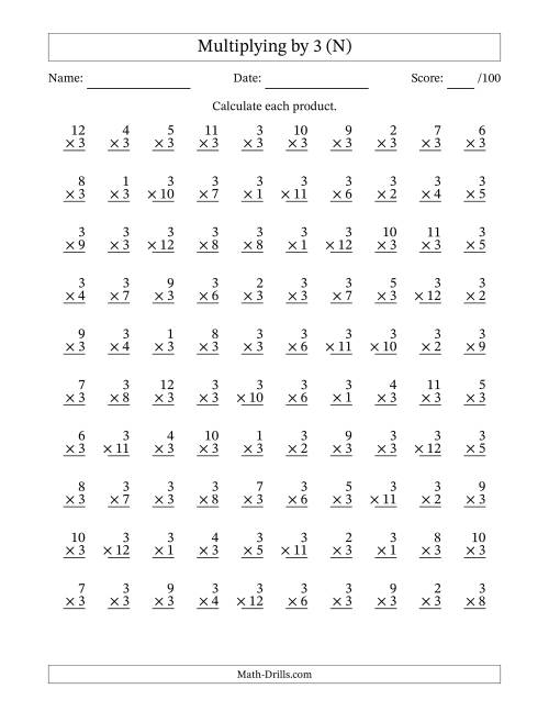 The Multiplying (1 to 12) by 3 (100 Questions) (N) Math Worksheet