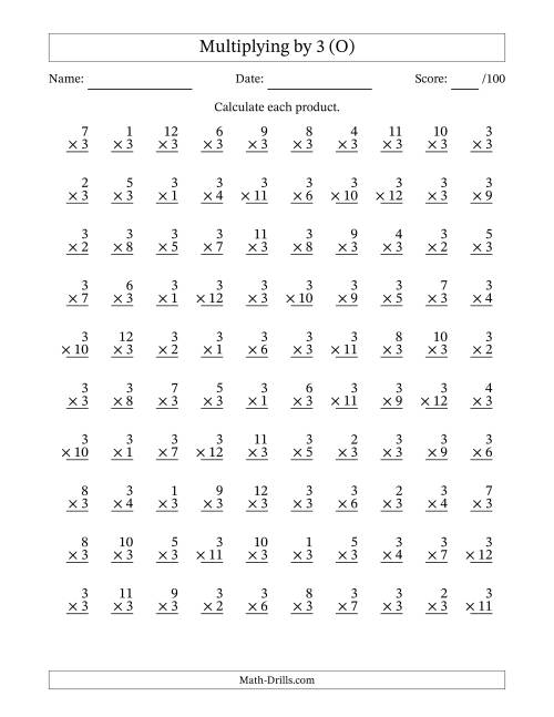 The Multiplying (1 to 12) by 3 (100 Questions) (O) Math Worksheet