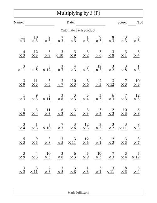 The Multiplying (1 to 12) by 3 (100 Questions) (P) Math Worksheet