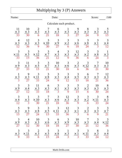The Multiplying (1 to 12) by 3 (100 Questions) (P) Math Worksheet Page 2