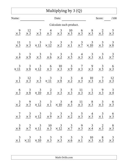 The Multiplying (1 to 12) by 3 (100 Questions) (Q) Math Worksheet