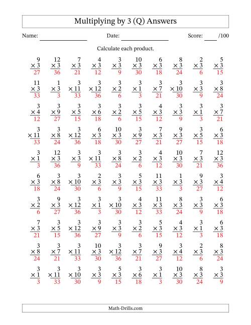 The Multiplying (1 to 12) by 3 (100 Questions) (Q) Math Worksheet Page 2
