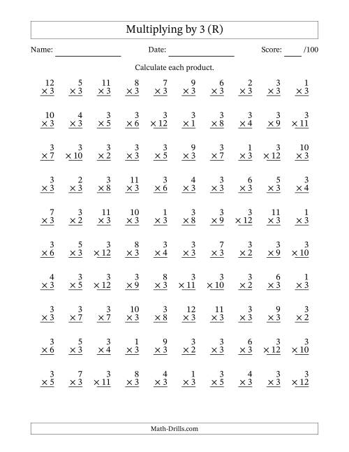 The Multiplying (1 to 12) by 3 (100 Questions) (R) Math Worksheet
