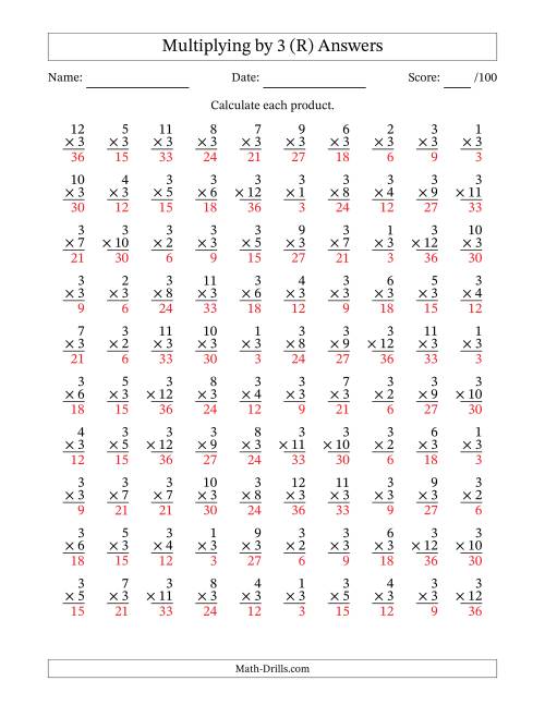 The Multiplying (1 to 12) by 3 (100 Questions) (R) Math Worksheet Page 2