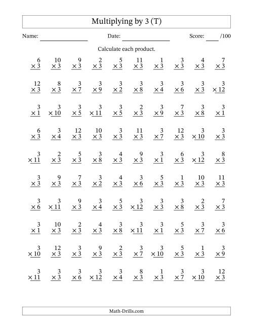 The Multiplying (1 to 12) by 3 (100 Questions) (T) Math Worksheet