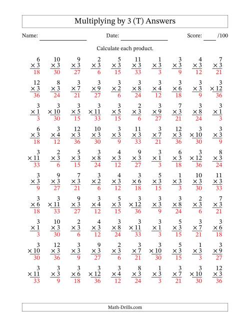 The Multiplying (1 to 12) by 3 (100 Questions) (T) Math Worksheet Page 2