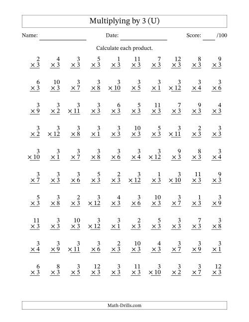 The Multiplying (1 to 12) by 3 (100 Questions) (U) Math Worksheet