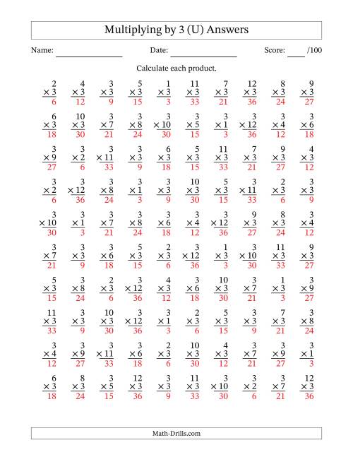 The Multiplying (1 to 12) by 3 (100 Questions) (U) Math Worksheet Page 2