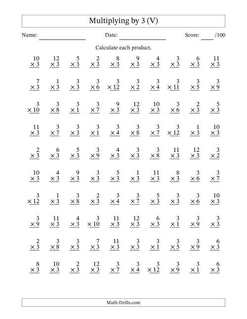 The Multiplying (1 to 12) by 3 (100 Questions) (V) Math Worksheet