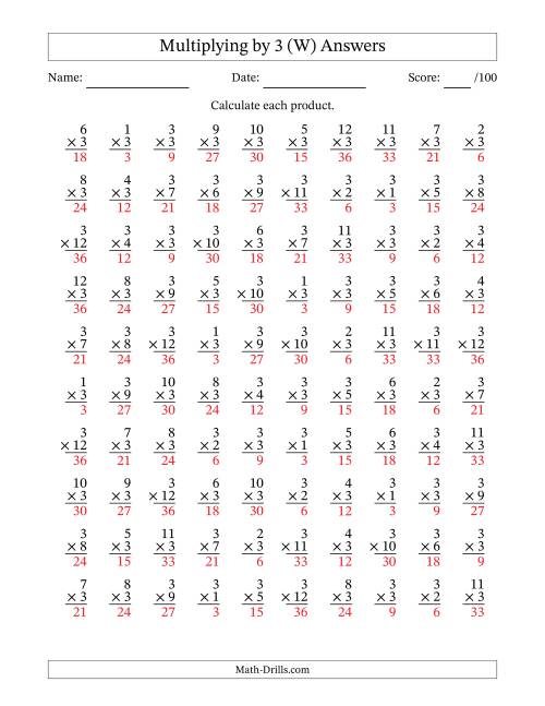 The Multiplying (1 to 12) by 3 (100 Questions) (W) Math Worksheet Page 2