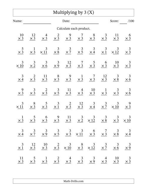 The Multiplying (1 to 12) by 3 (100 Questions) (X) Math Worksheet