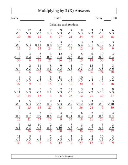 The Multiplying (1 to 12) by 3 (100 Questions) (X) Math Worksheet Page 2