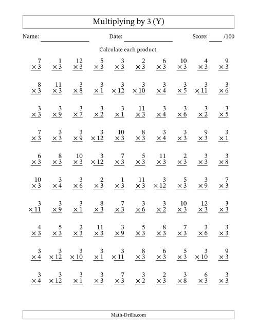 The Multiplying (1 to 12) by 3 (100 Questions) (Y) Math Worksheet
